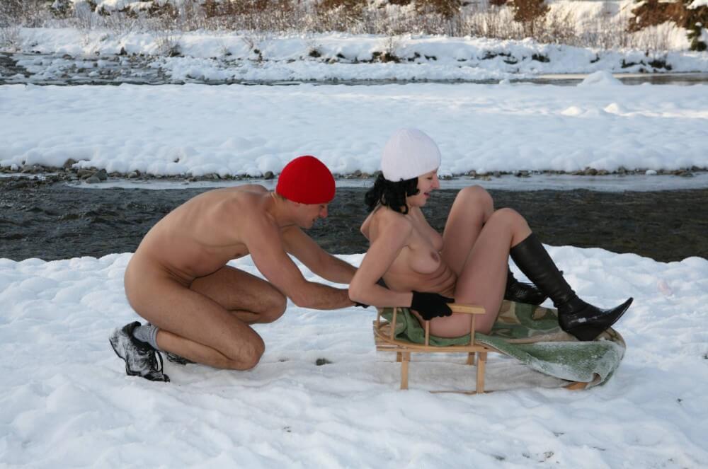 Naturist Girl Snow Day Couples Sled pics - Wearing less clothing is fashionable